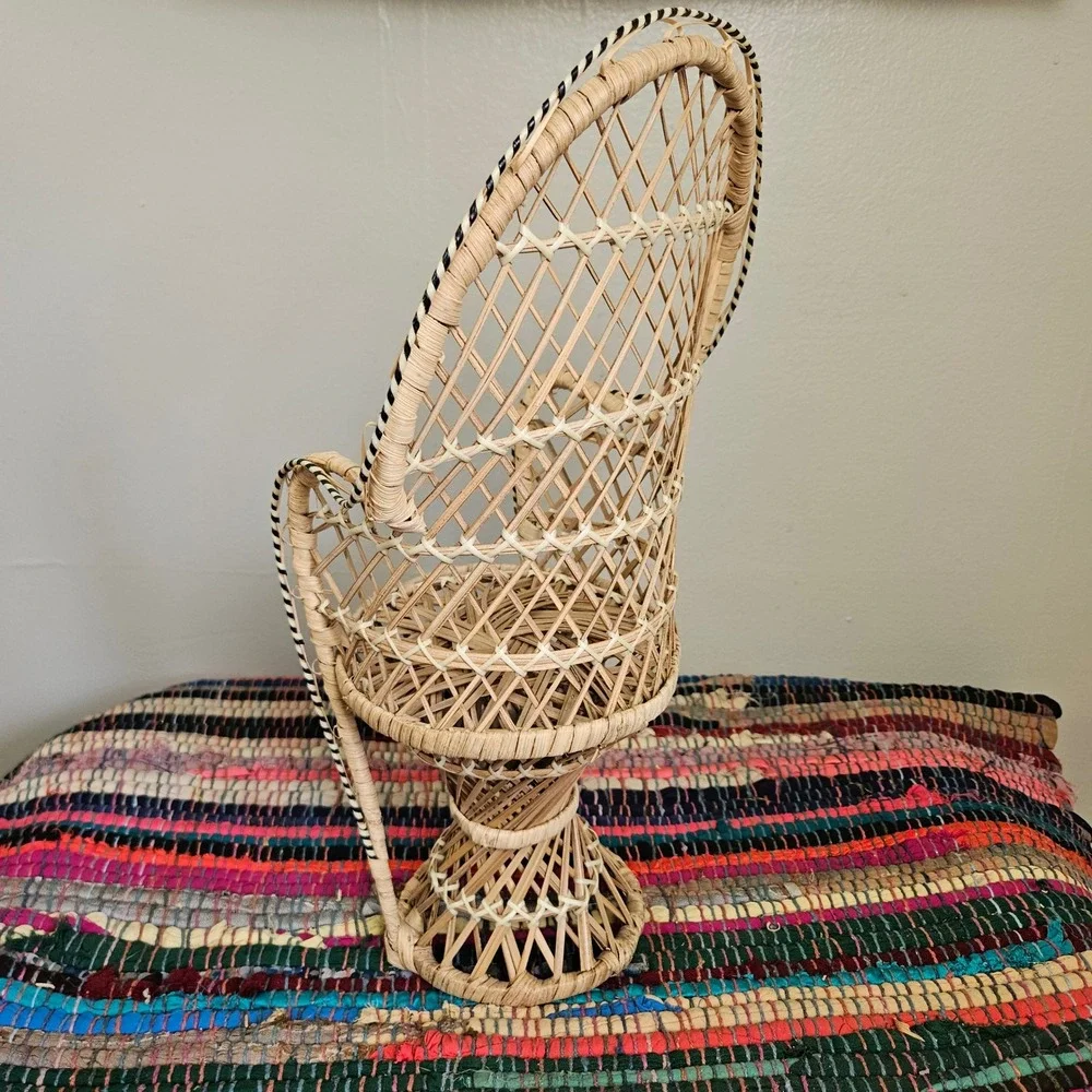 Mixed 4pc Wicker Rattan Lot Bundle Doll Chair Hot Pad Basket Tray Boho Farmhouse